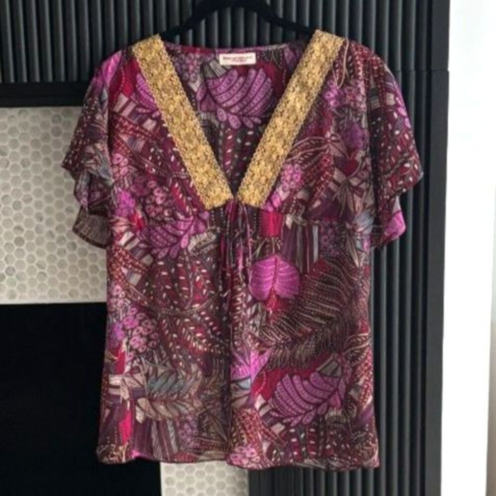 Vintage Meghan Noland Los Angeles Floral Crochet V-Neck Blouse Size L